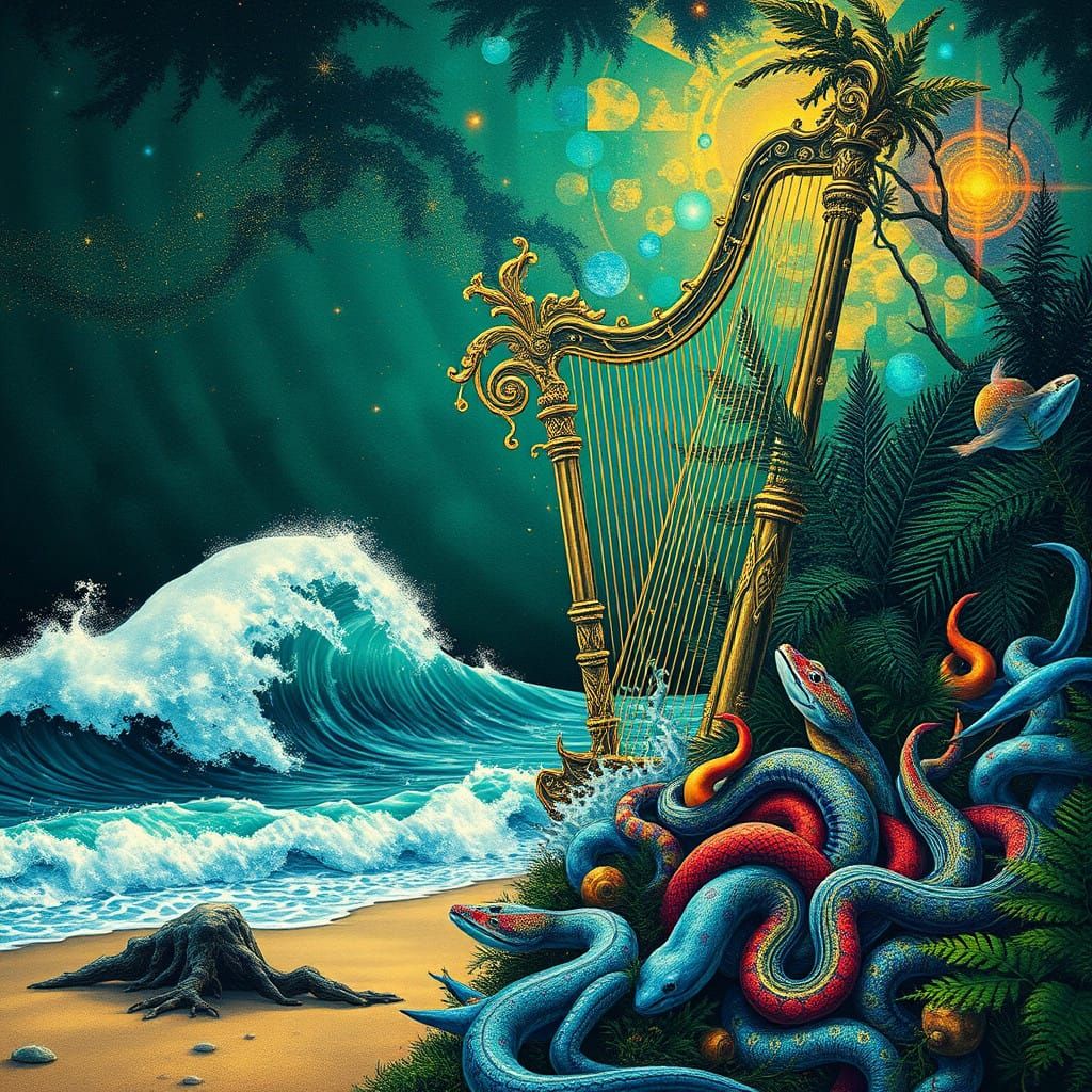 Phantasmagorical Harp Born from Fish Bones in a Haunting Coa...