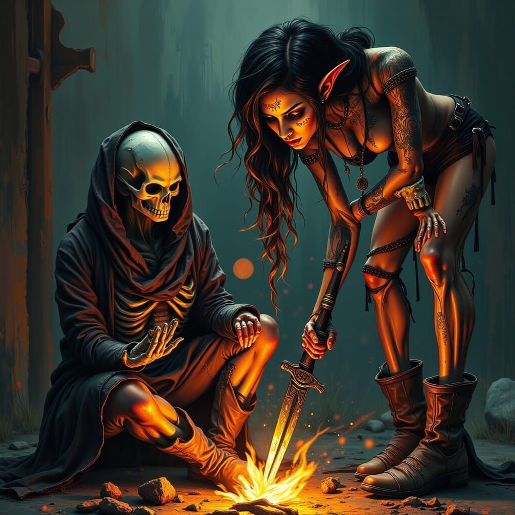 Sensual Dark Fantasy Warrior amidst Eerie Chaos