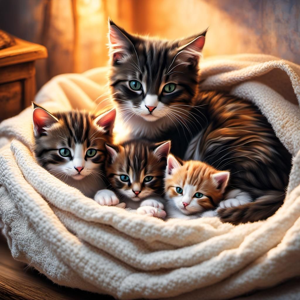 Mama Cat Nursing Kittens: Detailed Matte Painting