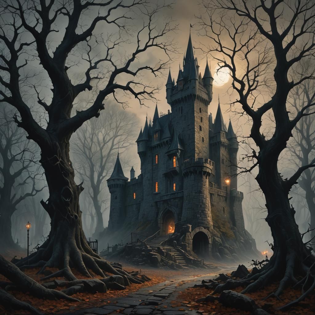 Dark Fantasy Castle in Ominous Woods