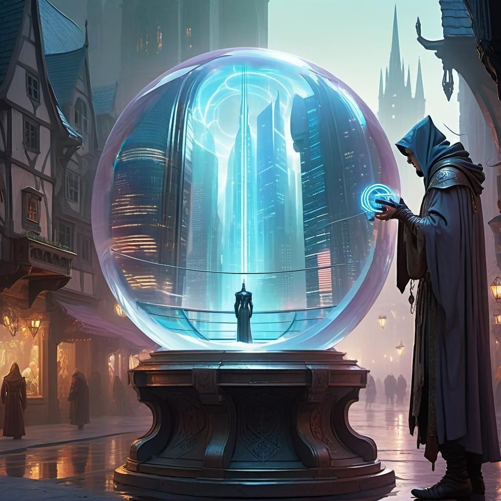 Cyberpunk City in Crystal Ball: Digital Illustration