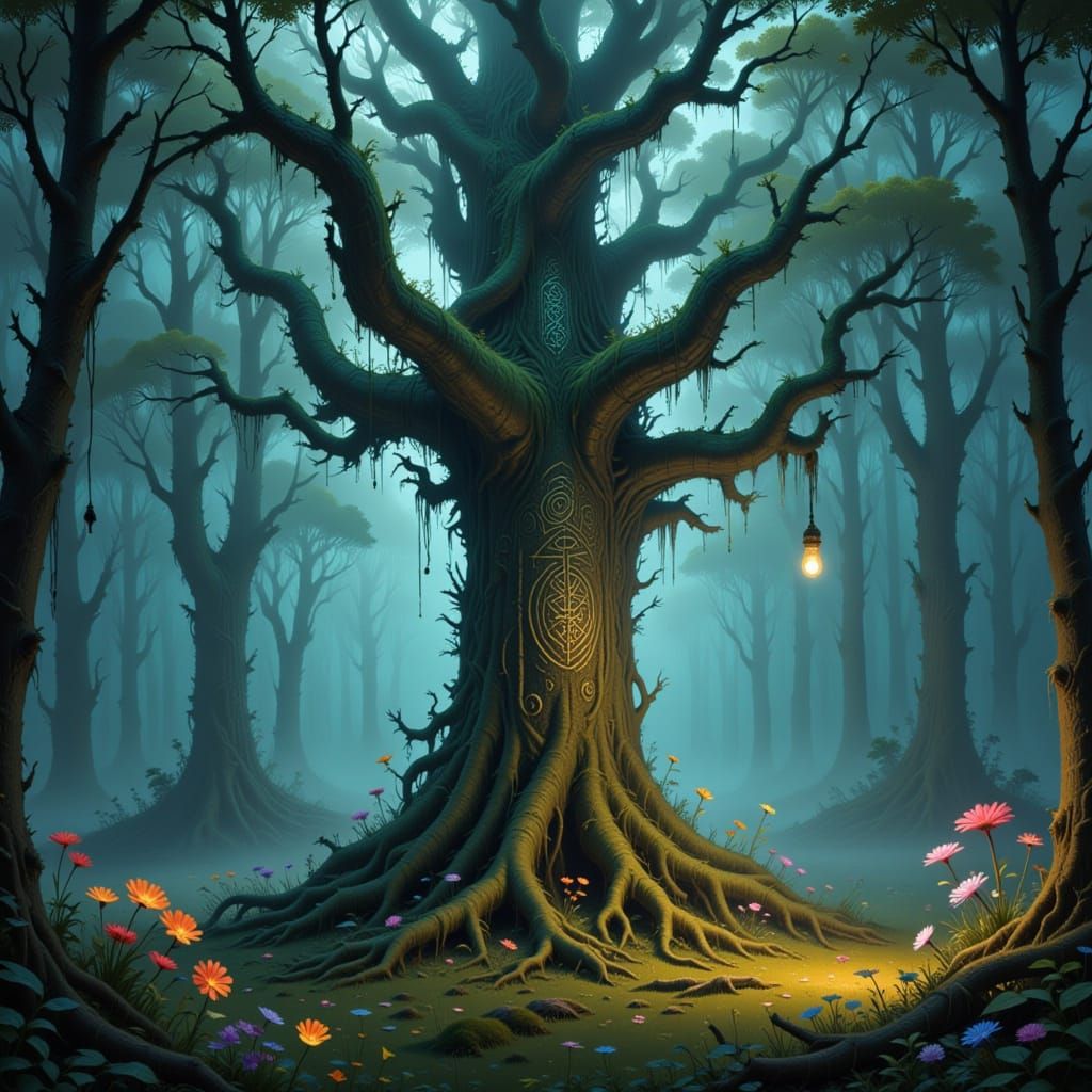 Ancient Tree in Ethereal Forest Clearing