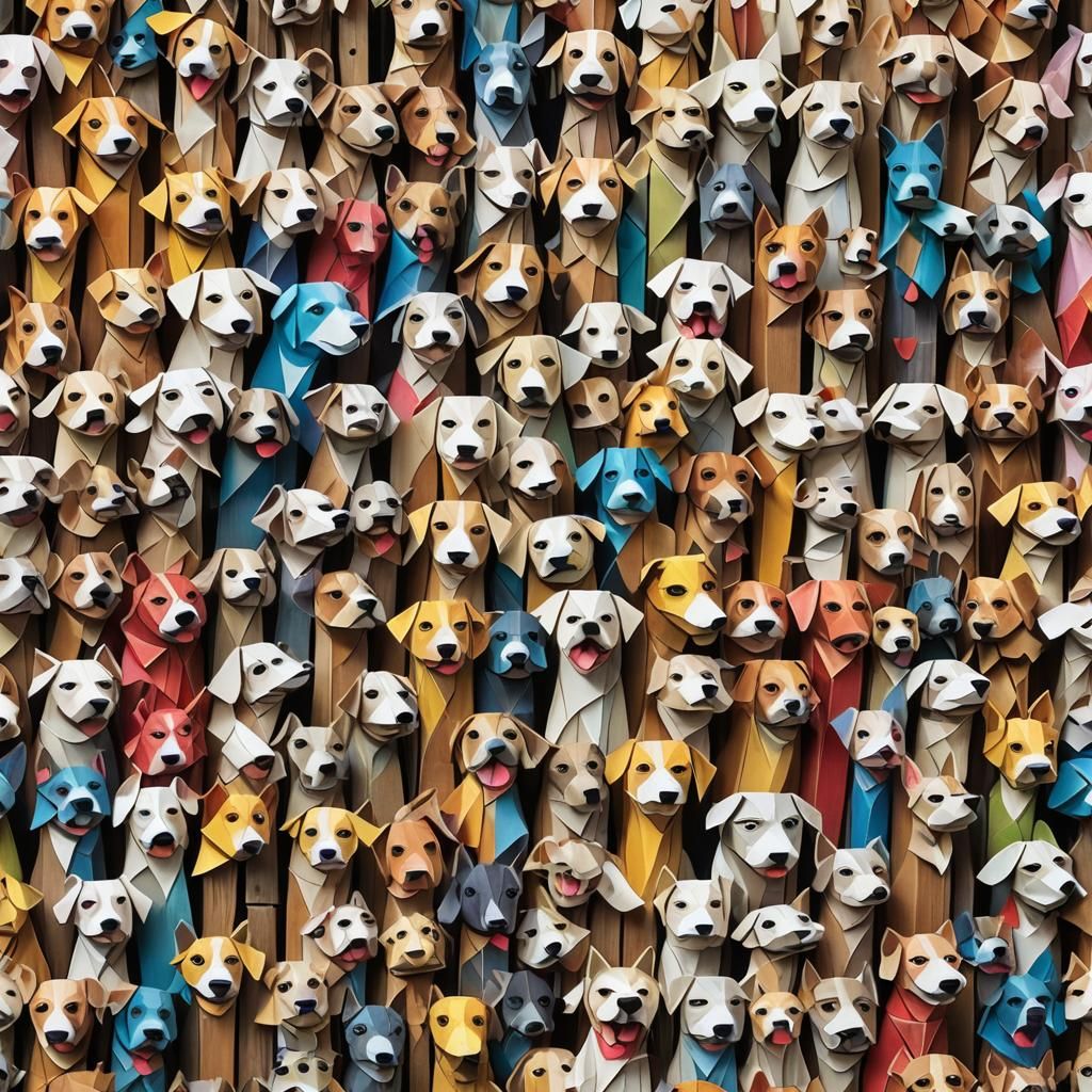 Eager Dogs Awaiting Turn in Origami Style