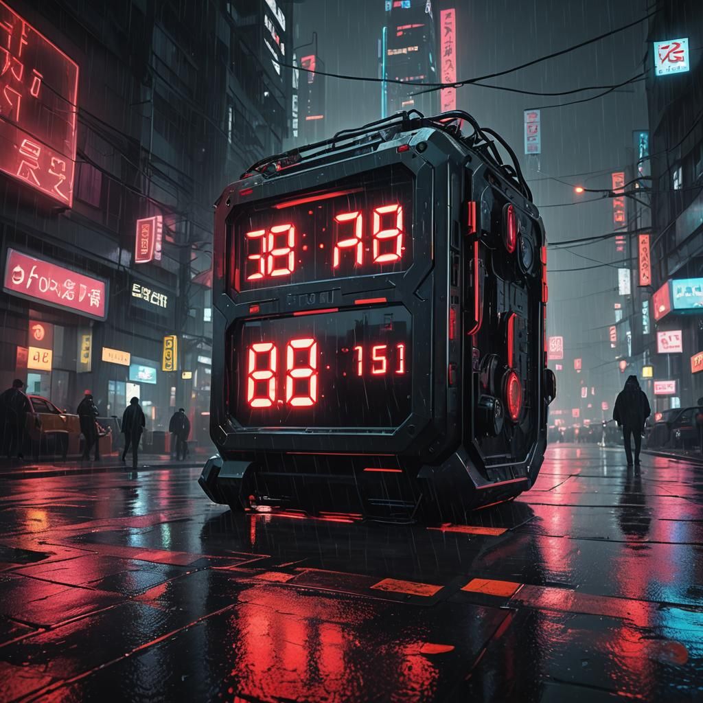 Cyberpunk Alarm Clock in Rainy Cityscape
