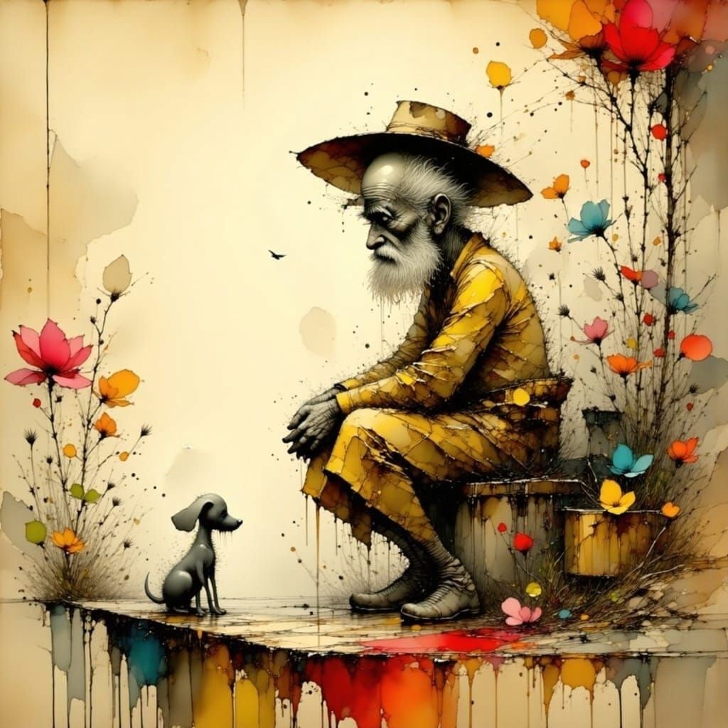 Grumpy Old Man Gazes at Loyal Dog