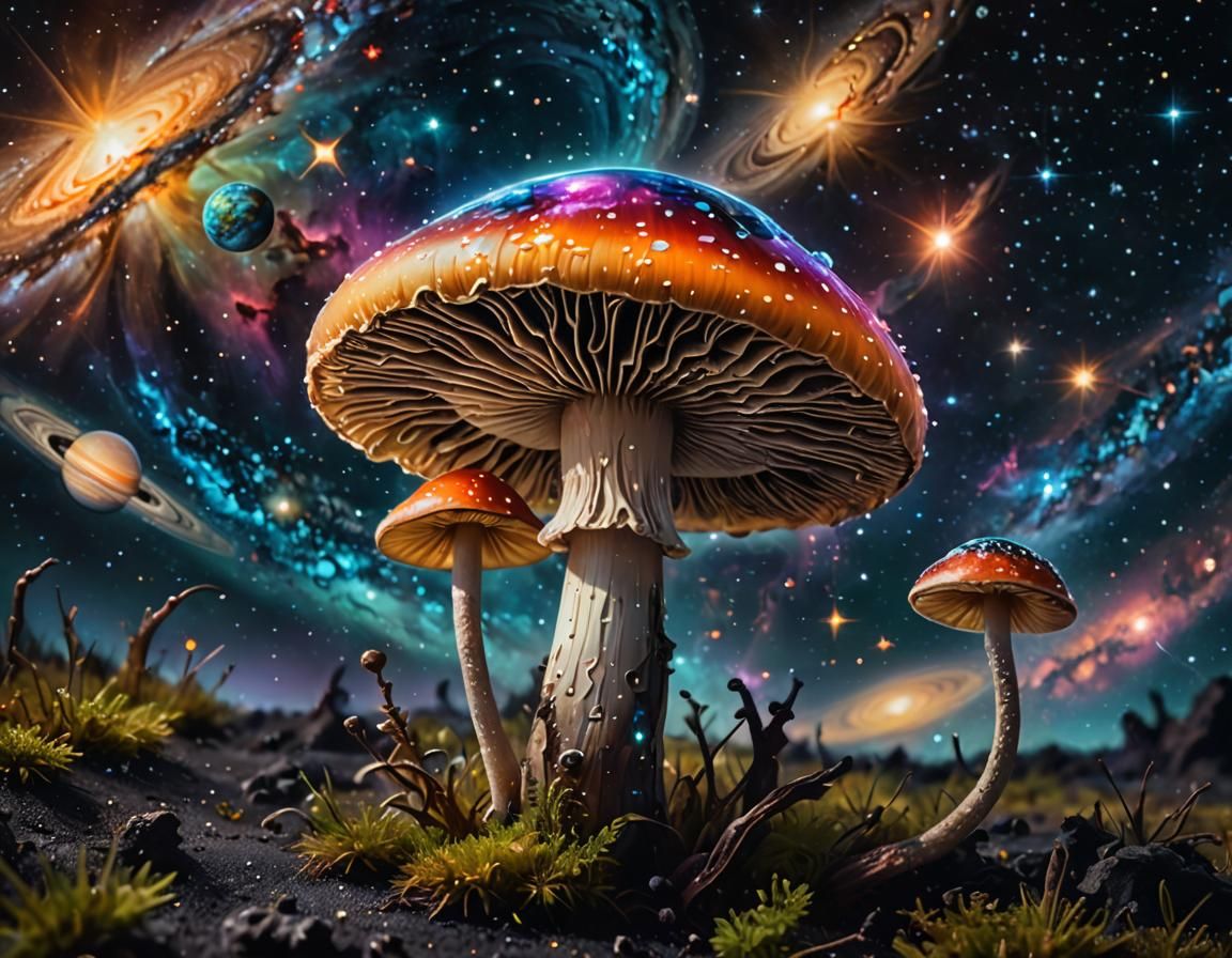 Celestial Mushroom: A Space-Inspired Oil Painting