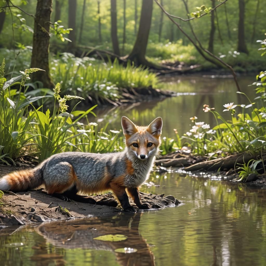 Baby Gray Fox in Spring Forest with Sunlight
