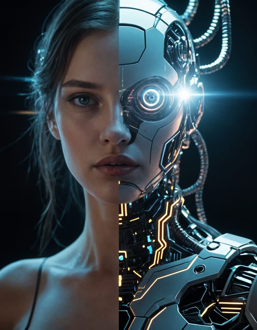 Maximalist Portrait: Woman and Android Face