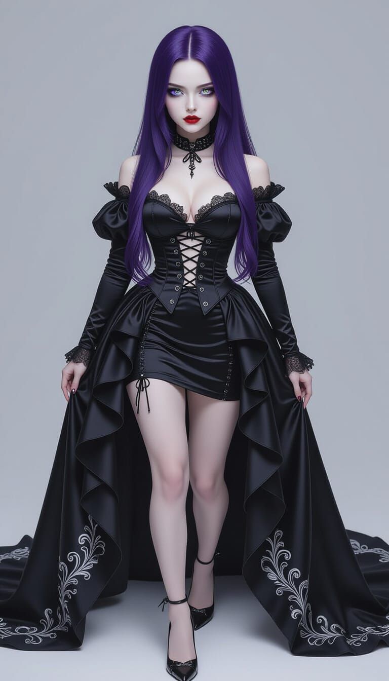 Gothic Ball Dress Portrait of Woman with Purple Hair