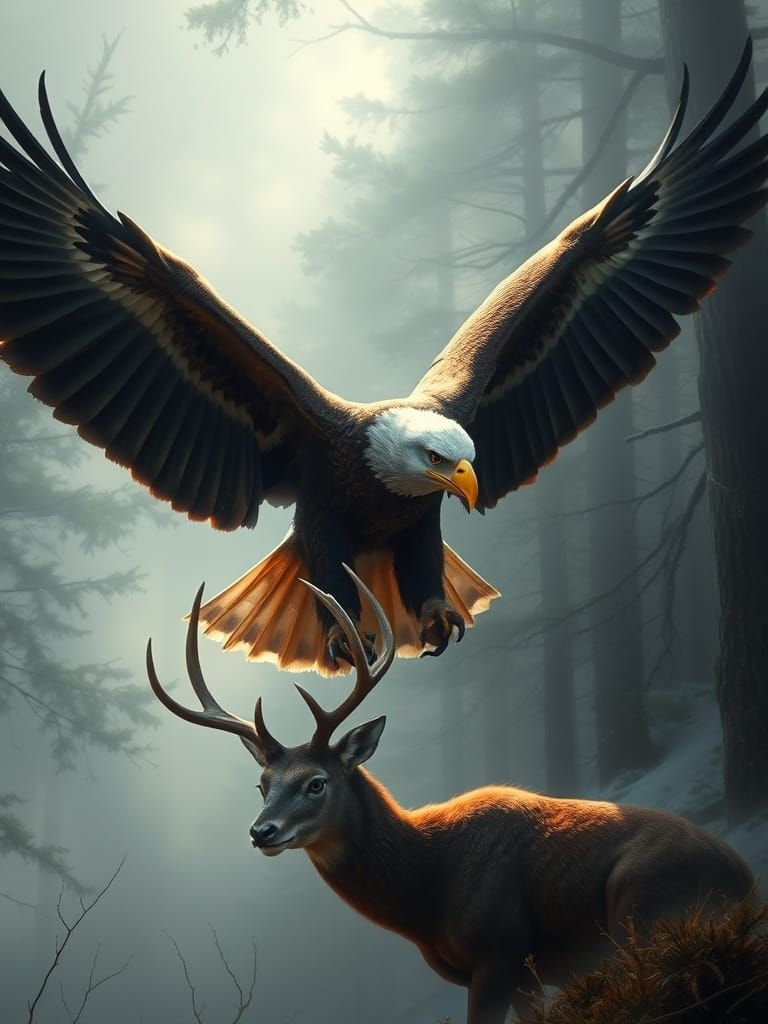 Eagle Carries Deer Through Misty Woods