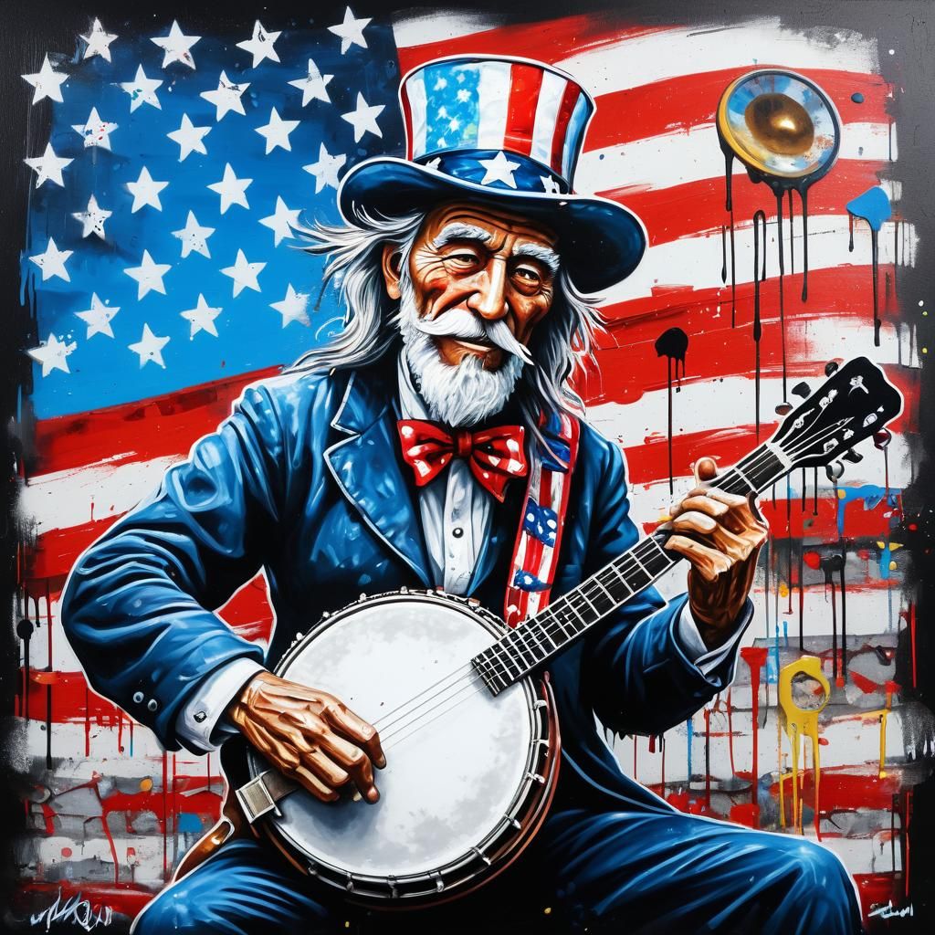 Uncle Sam Plays Banjo in Graffiti Art Style
