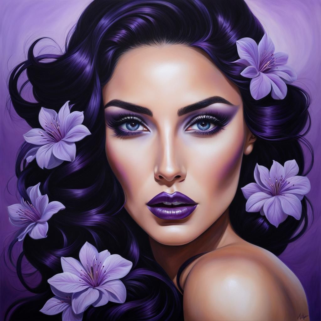 Beautiful Woman with Purple Flowers, Oil Painting