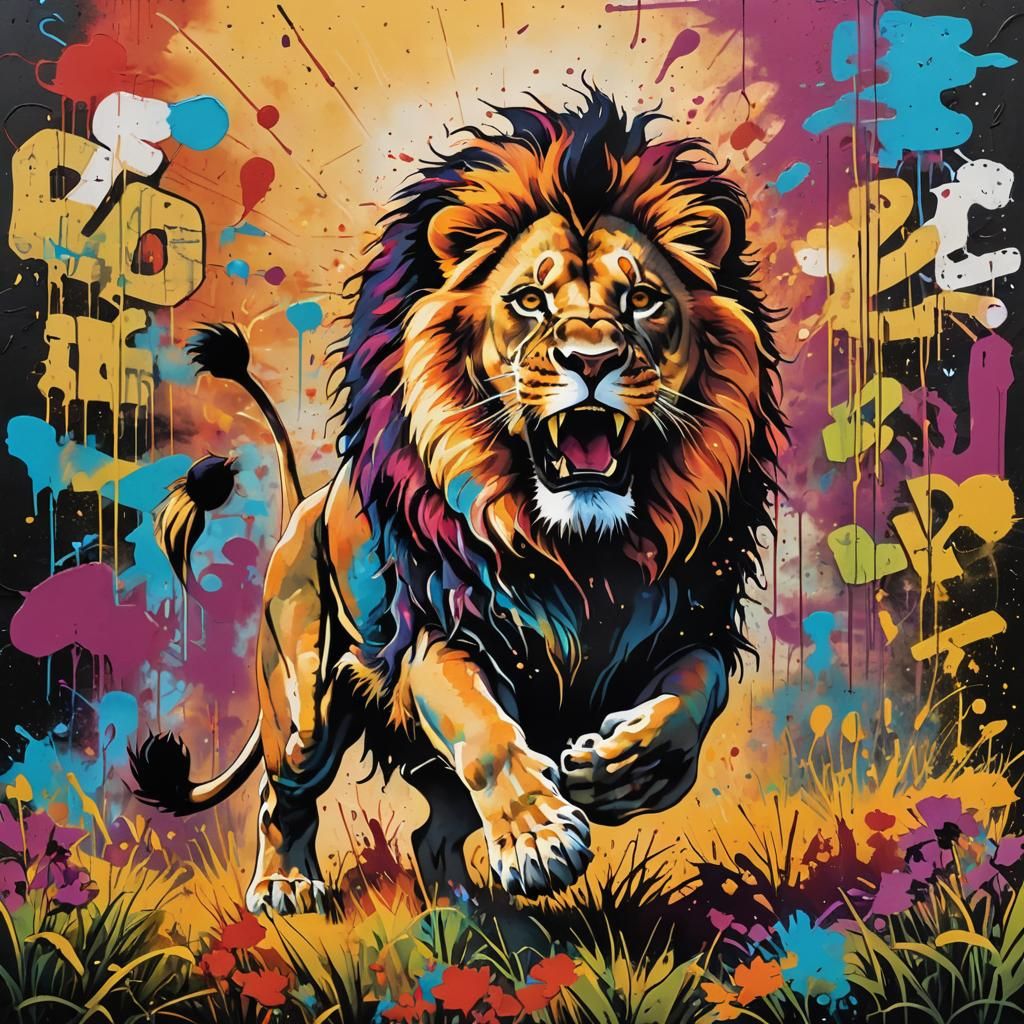 Lion Leaping in Colorful Graffiti Art Style
