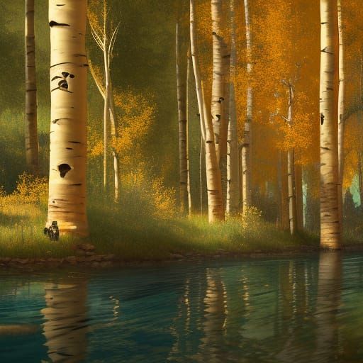 Cottagecore Village in Golden Aspen Forest, Fantasy Art