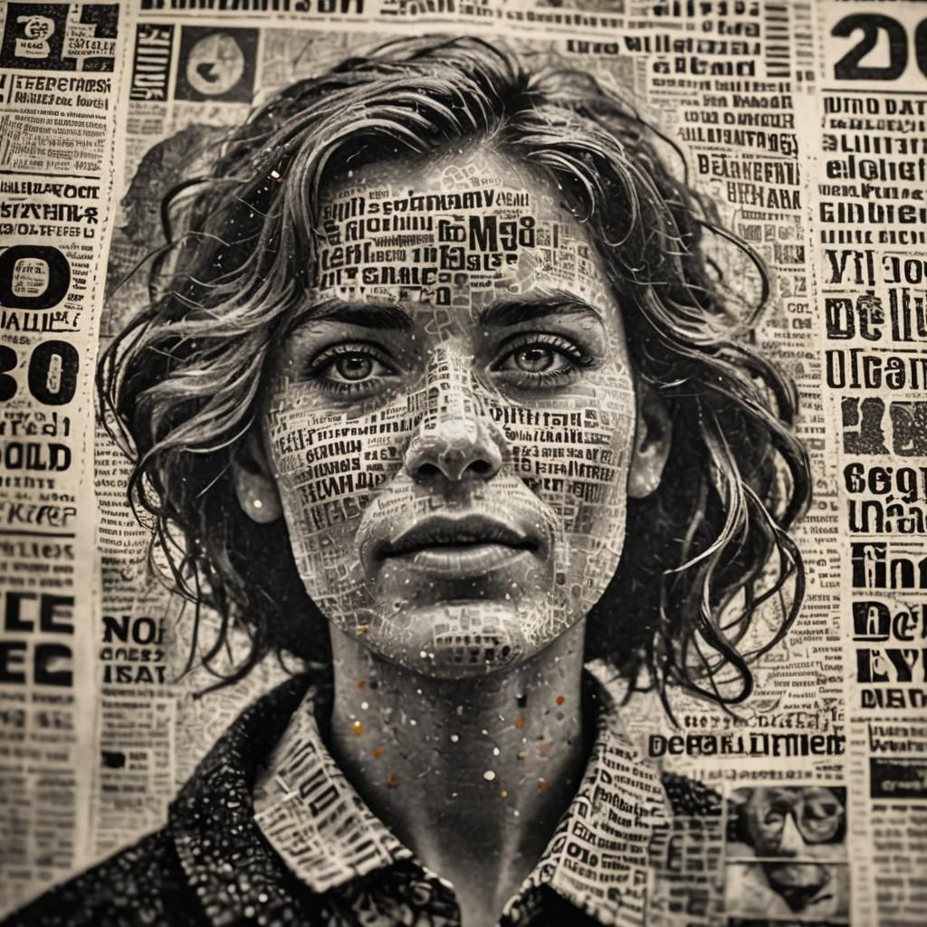 Pointillist Portrait with Newspaper Headline N300