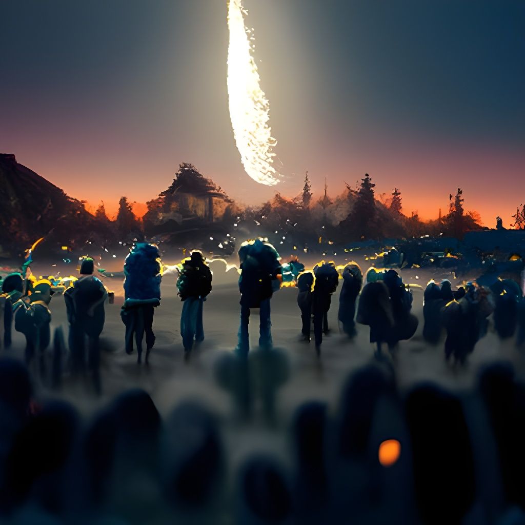 A crowd gathers to watch a comet in the night sky