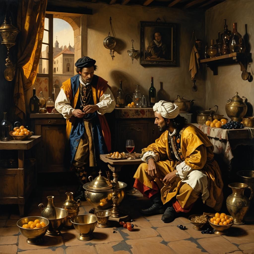 Baroque Painting of Harlequin, Trader and Priest
