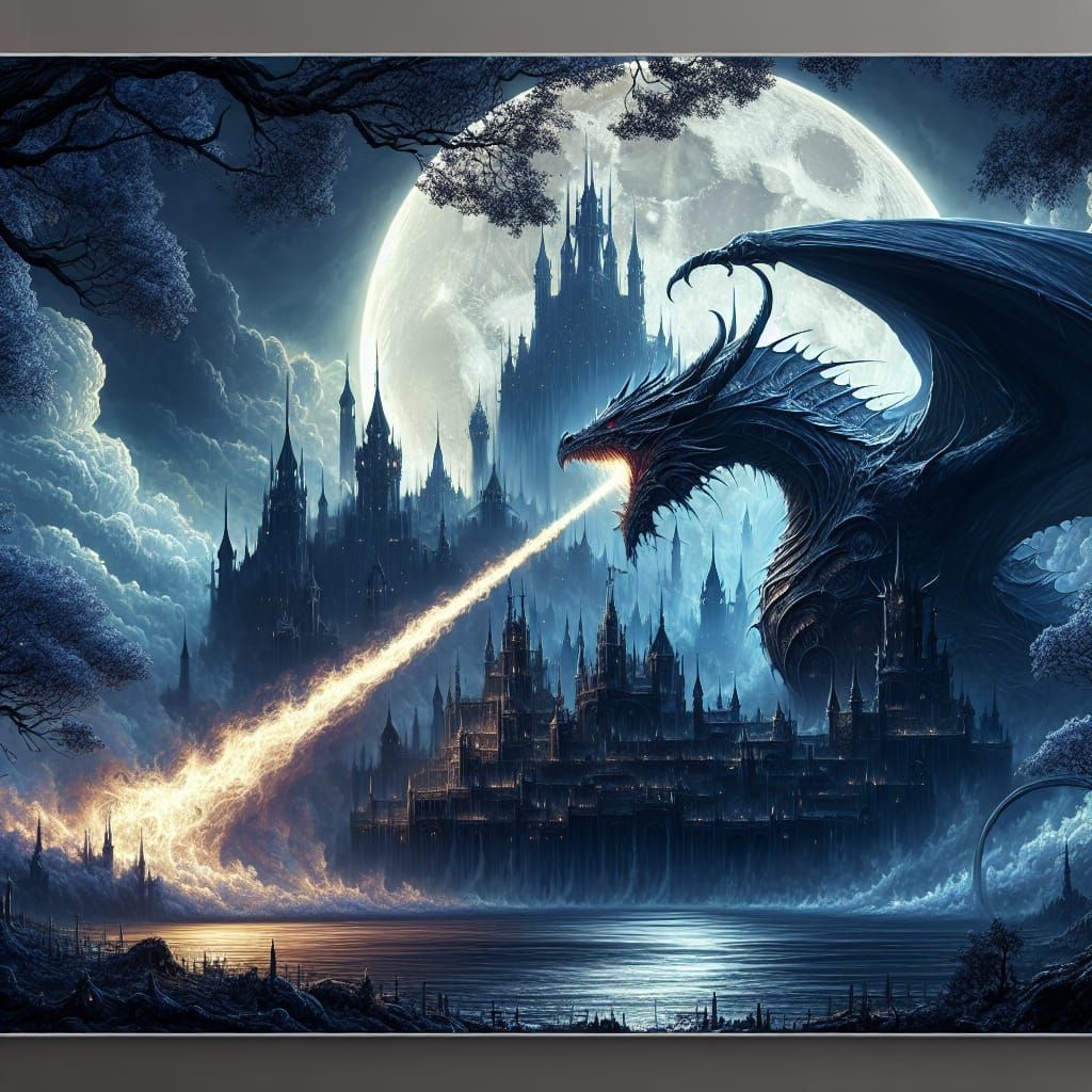 Dark Shadow Dragon Attacks Moonlit Castle
