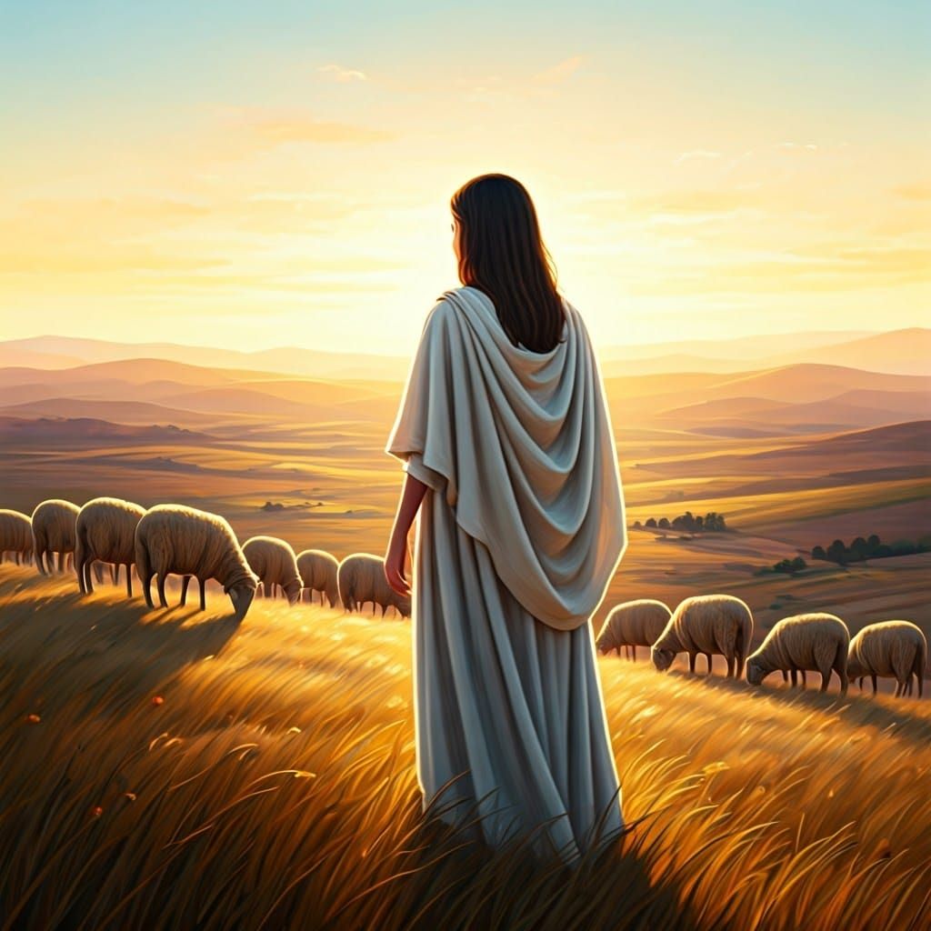 Young Shepherdess Contemplating the Horizon in a Serene Land...