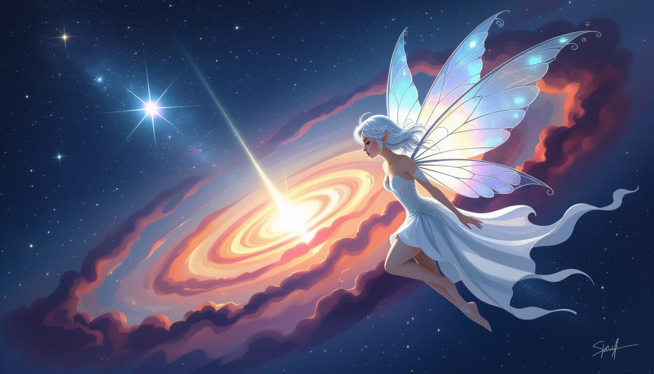 Ethereal Fairy in Starry Nebula, Digital Art