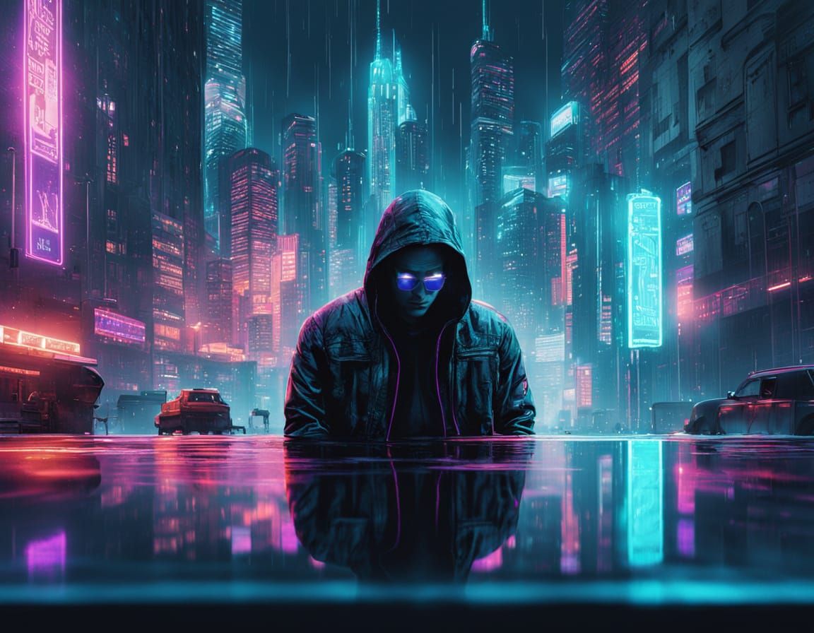 Cyberpunk Hacker in Neon-Lit Metropolis