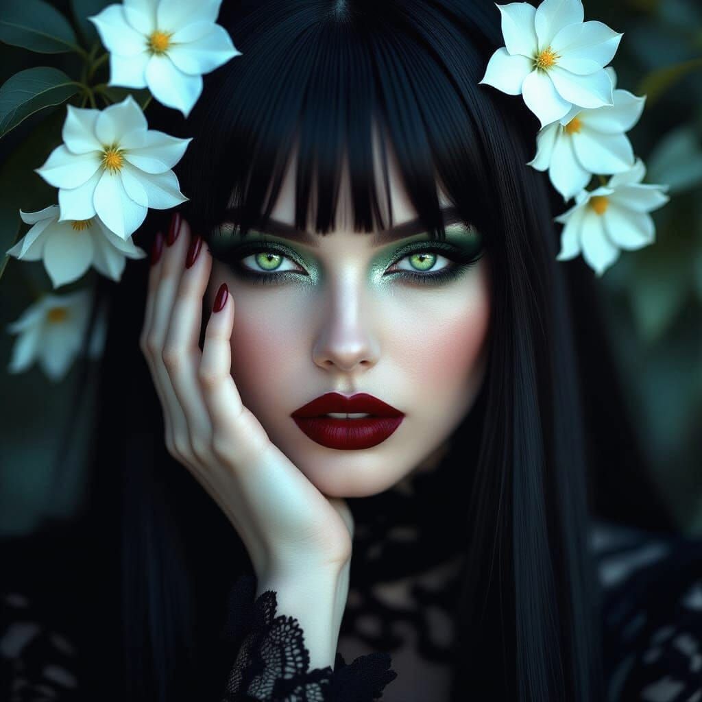A hauntingly beautiful woman with pale porcelain skin and st...