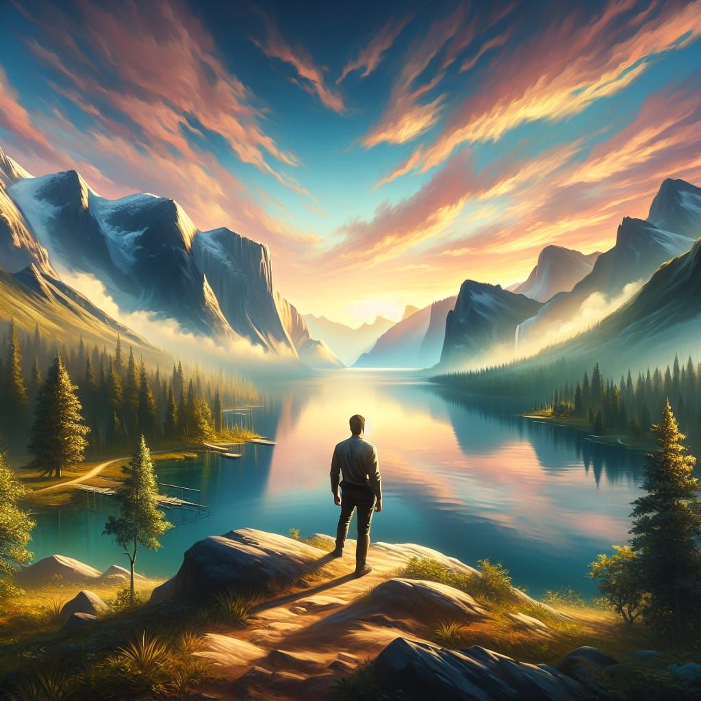 Contemplative Figure at Sunrise Lake