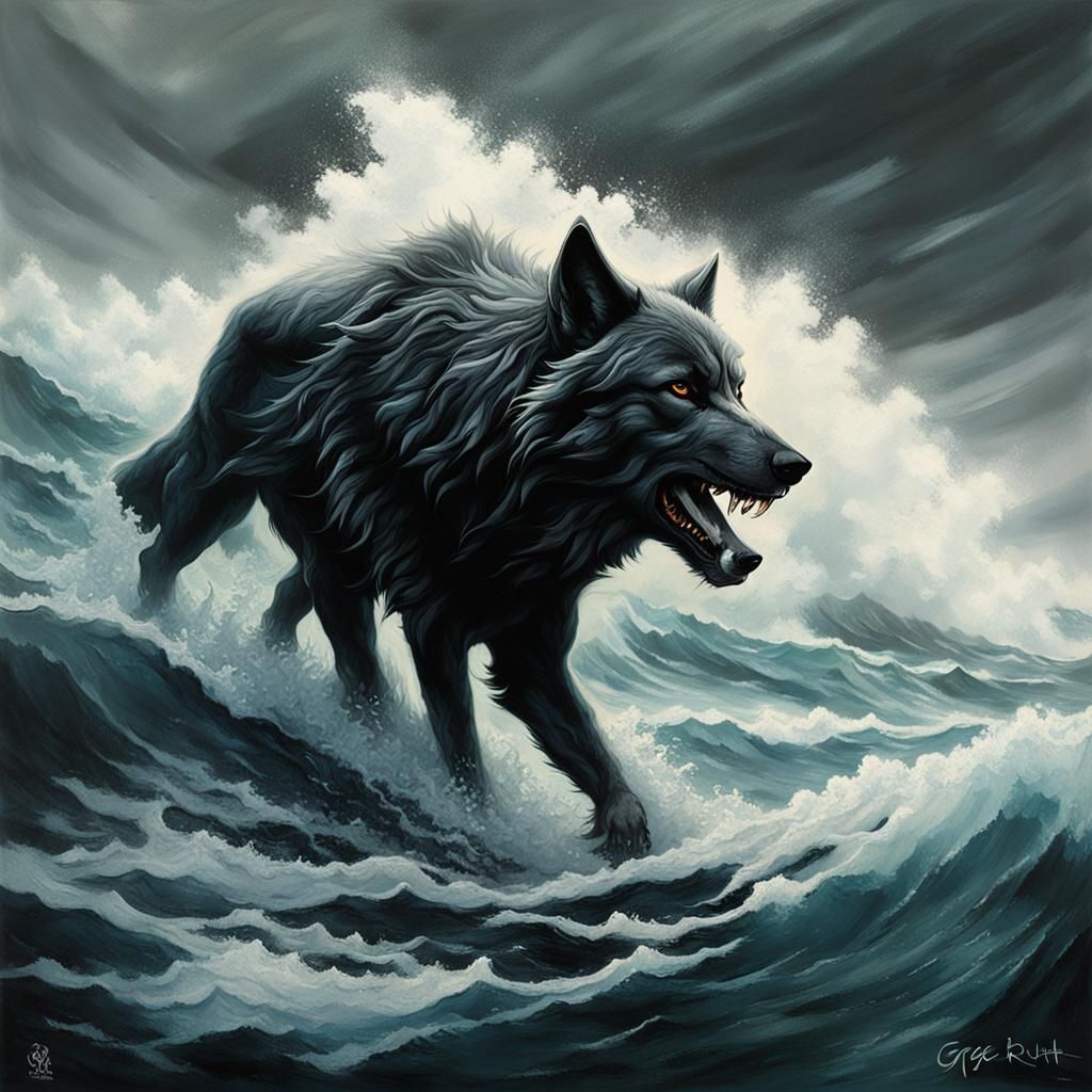 Wolves Drowning in Stormy Sea: Dark Fantasy