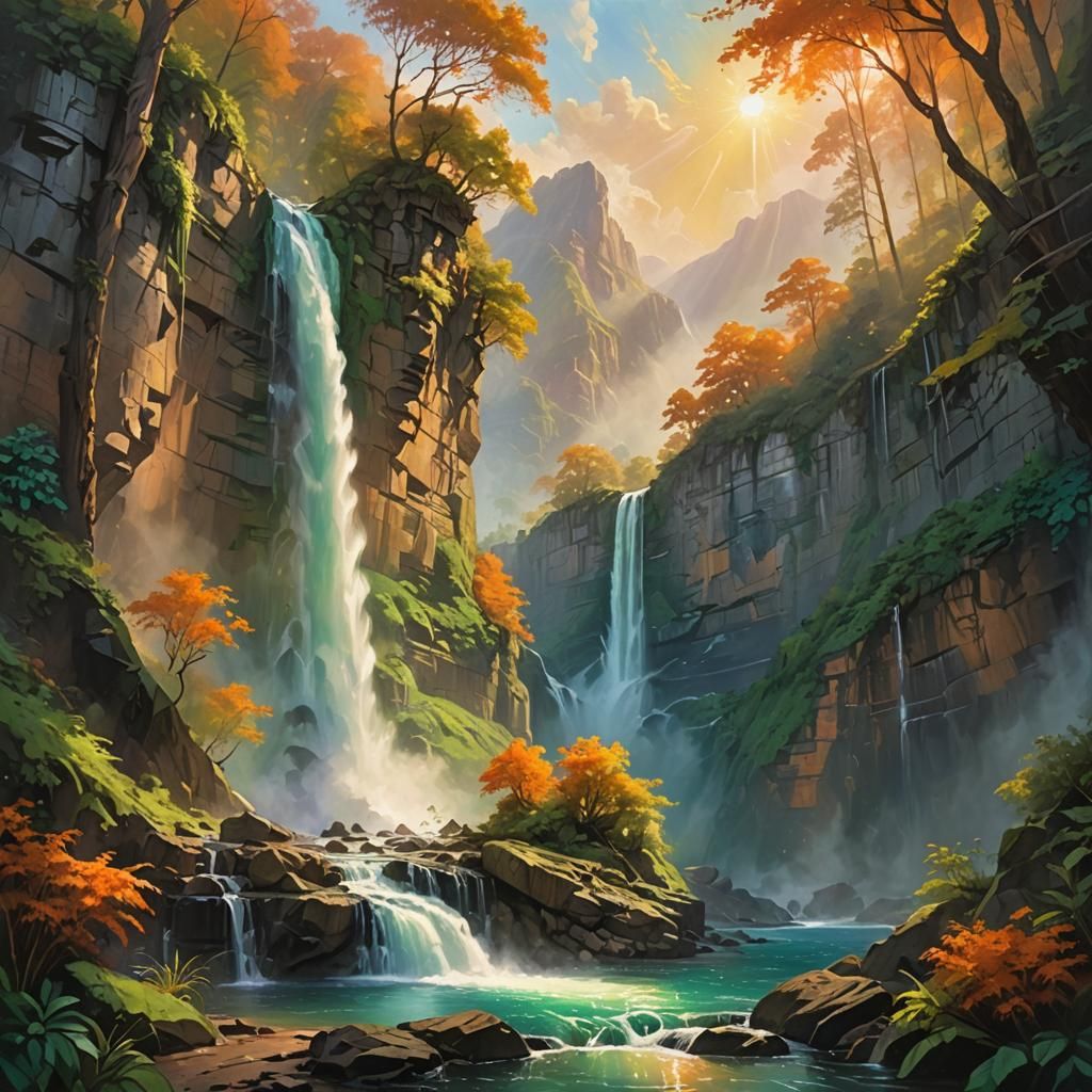 \ hyperdetailed beautiful waterfall cliff sunset fantasy bea...