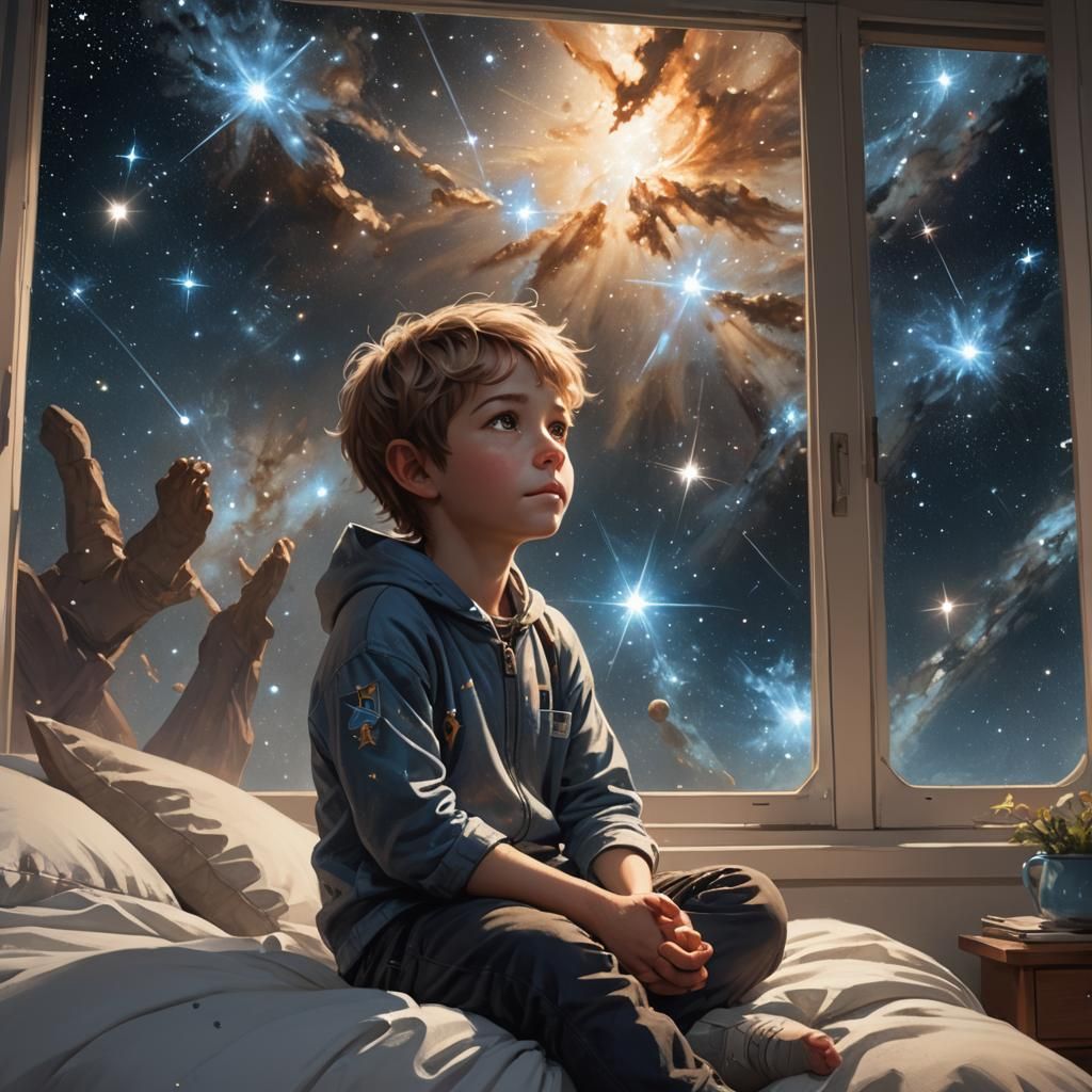 Boy Reaches for Pleiades Stars, Hyperdetailed Portrait