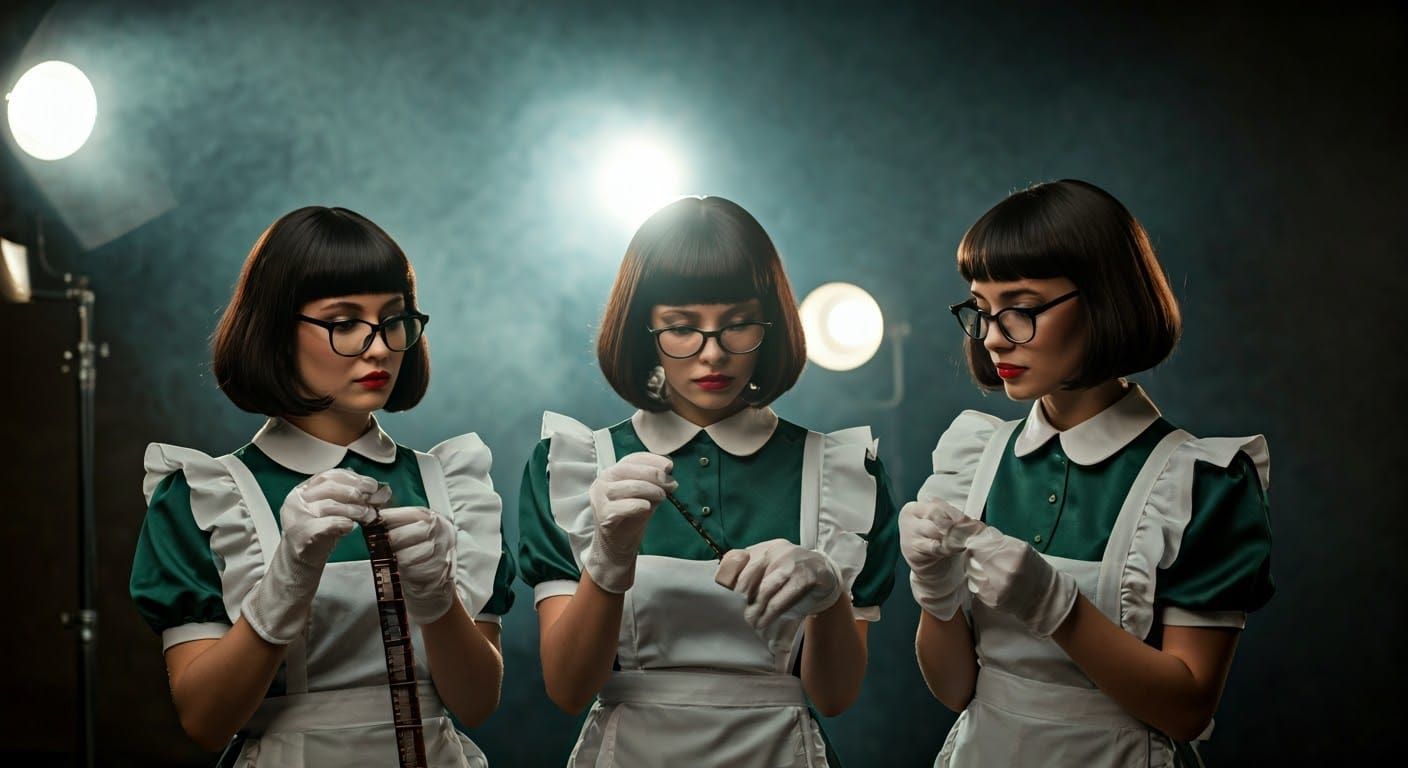 Women Examine Film Strip in Retro Studio, Cinematic Style