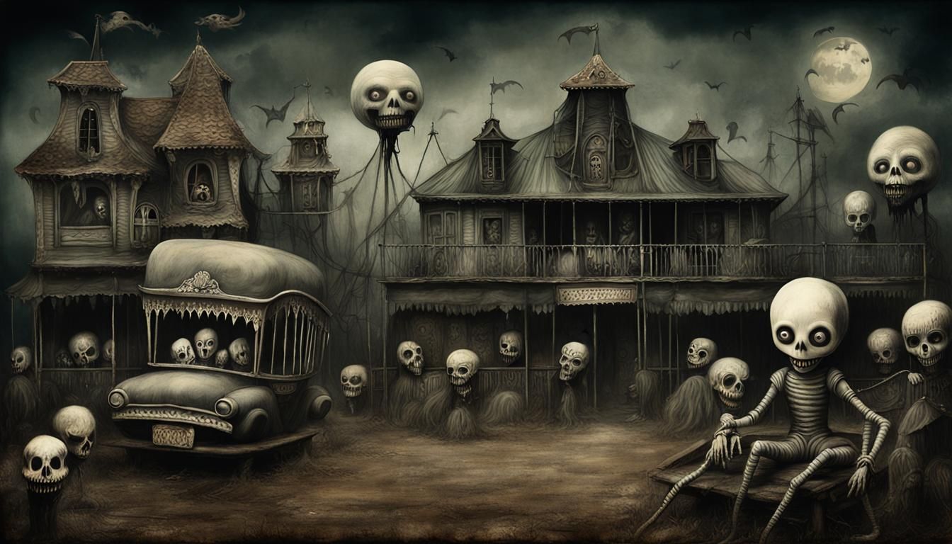 Sinister Phantoms Haunt Abandoned Carnival, Surreal Art