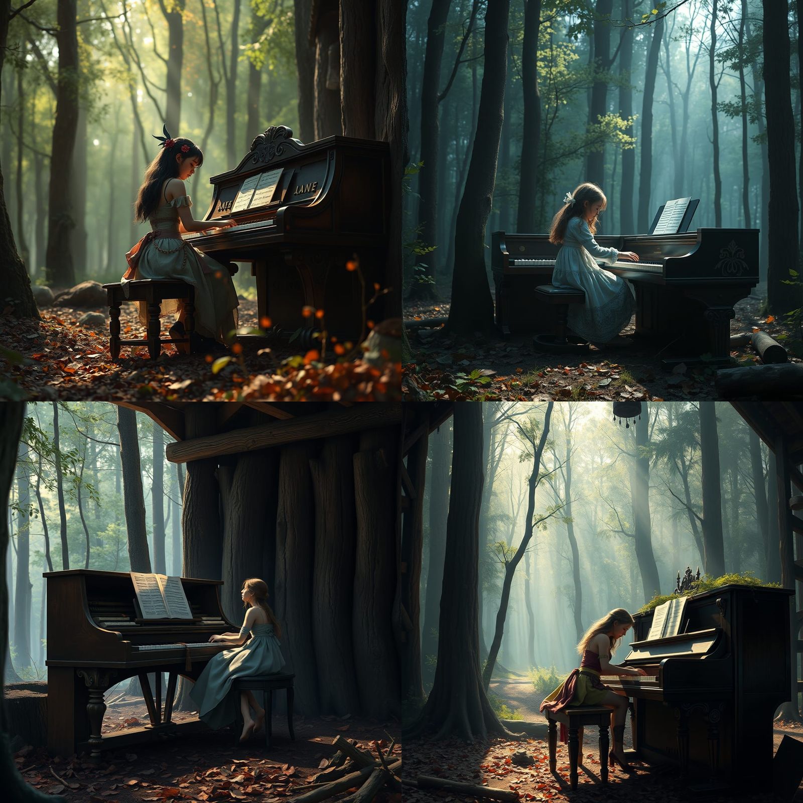 Girl Plays Piano in Woods: Fantasy Concept Art