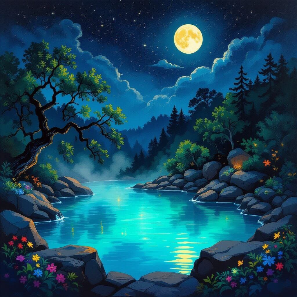 Bioluminescent Hot Spring Under Starry Night, in Impressioni...