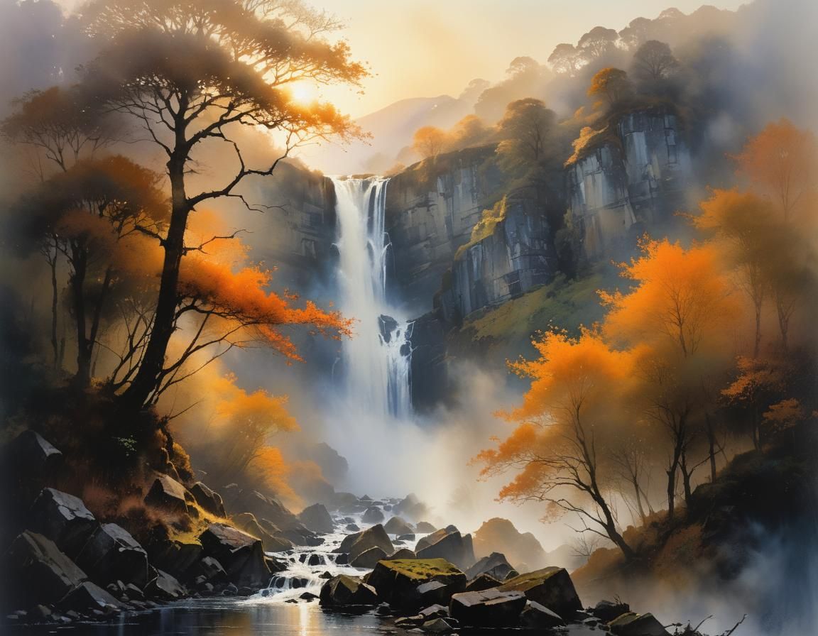 Foggy Valley Waterfall at Sunrise: Watercolor Art