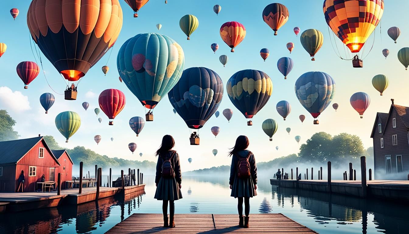 Woman on Dock Watching Hot Air Balloons
