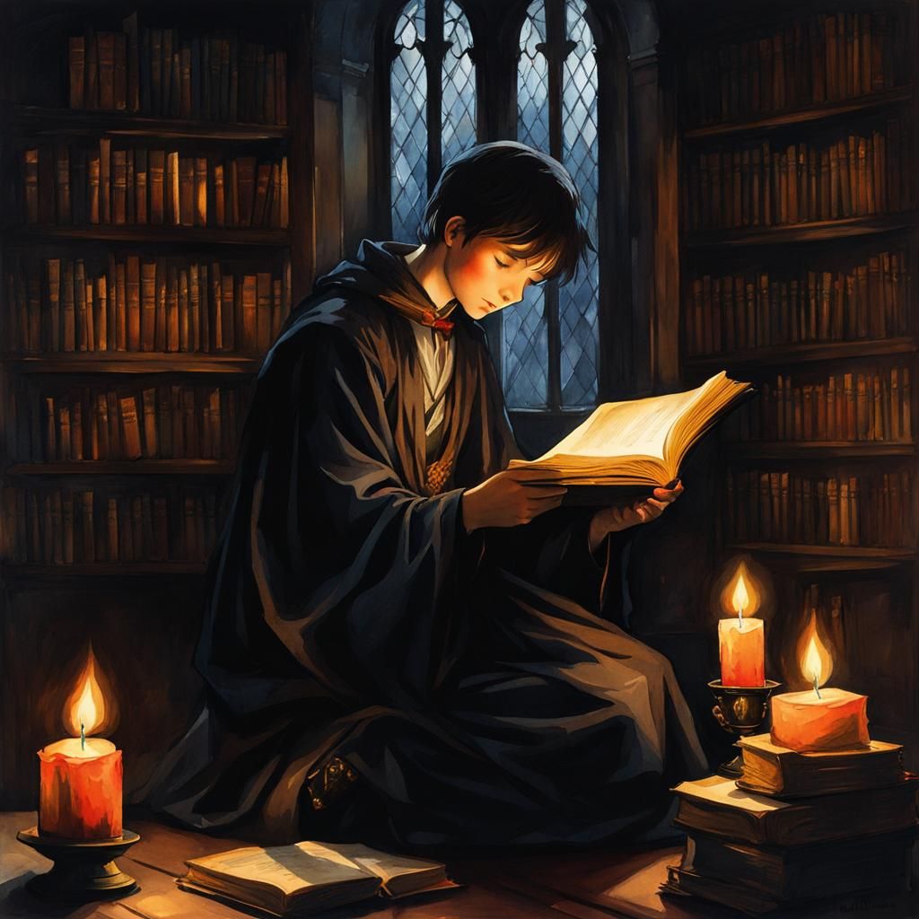 Boy Scholar Reading Book in Dark Room: Watercolor Style