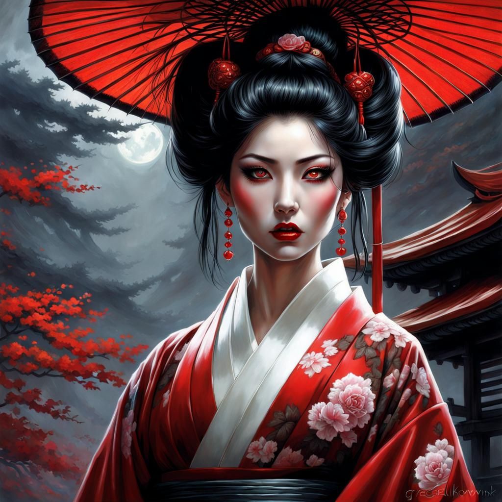 Sinister Beauty in Latex Kimono: A Dark Fantasy