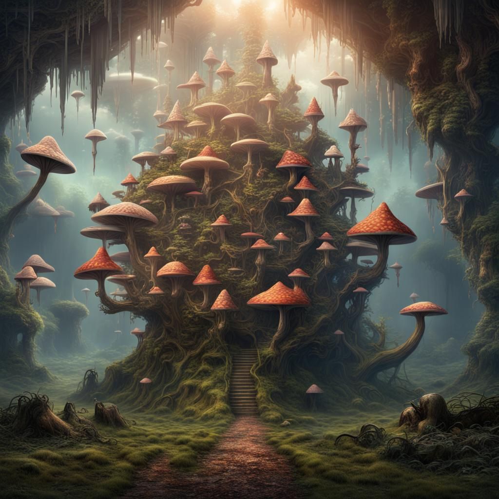 Enchanted Mushrooms in Epic Elf Forest, Digital Painting