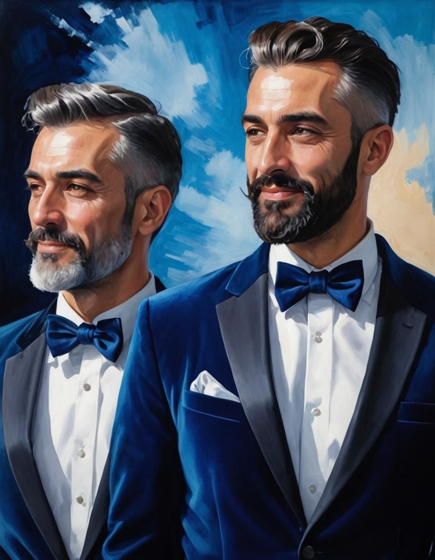 Navy Velvet Suit Portrait in Gouache Style