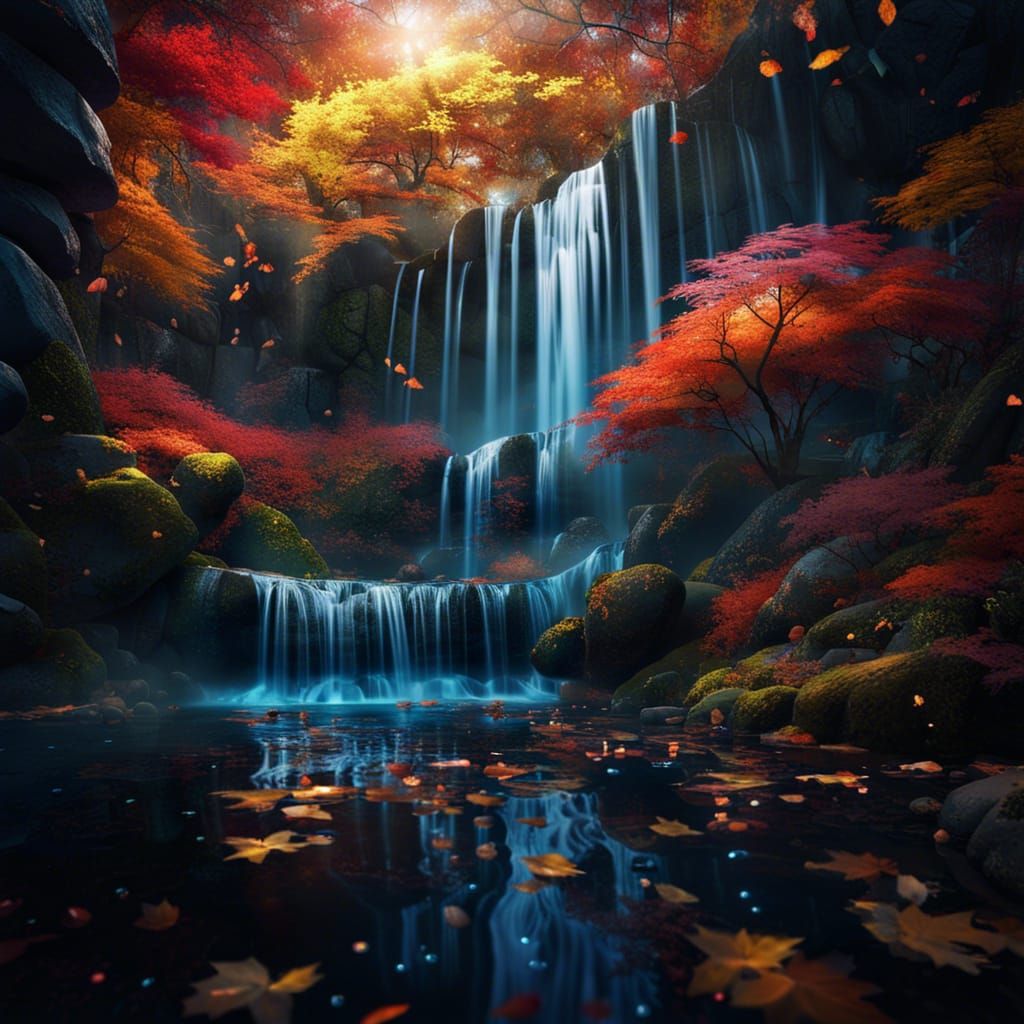 Mysterious Autumn Waterfall in Japanese Forest