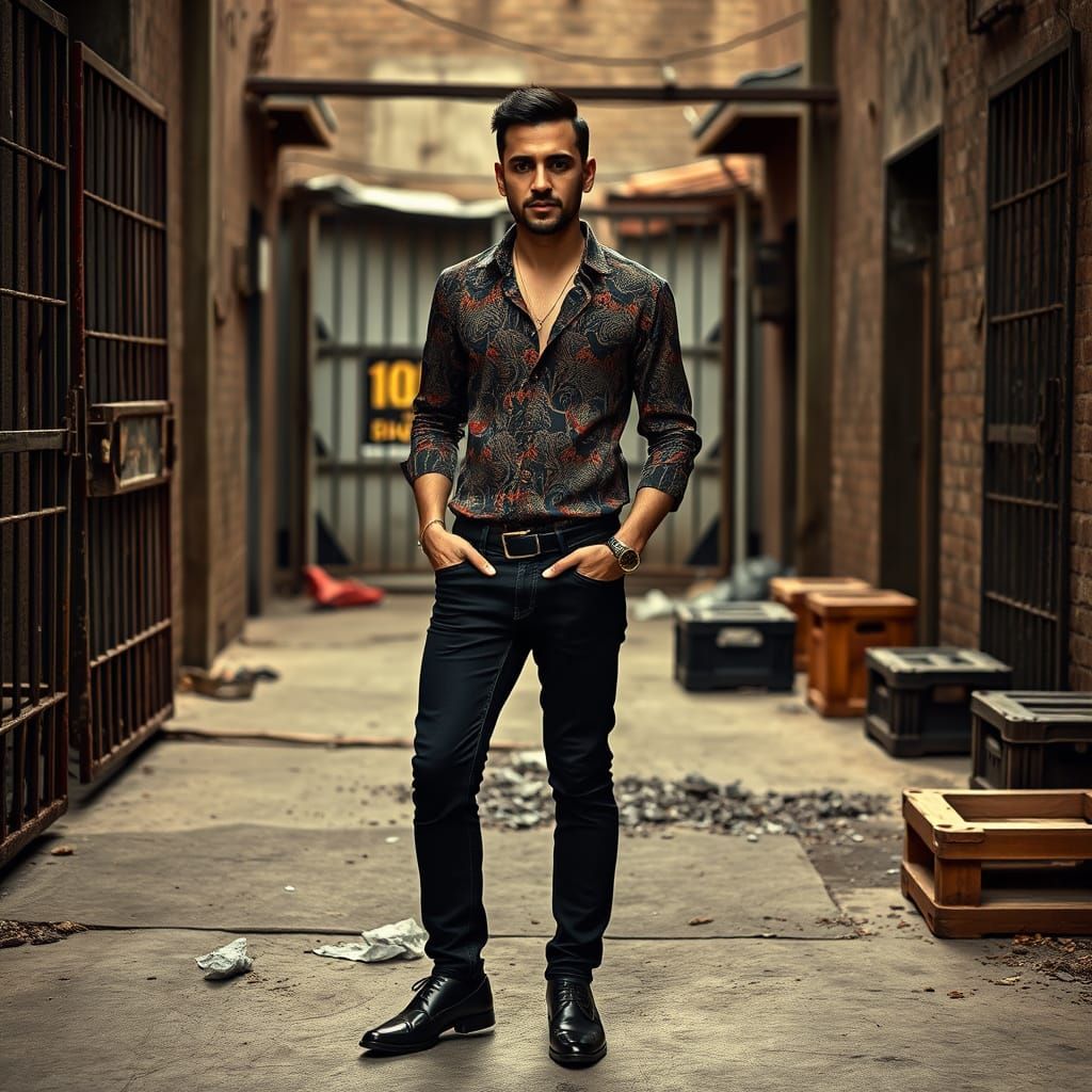 Eccentric Moroccan Gentleman in Industrial Setting