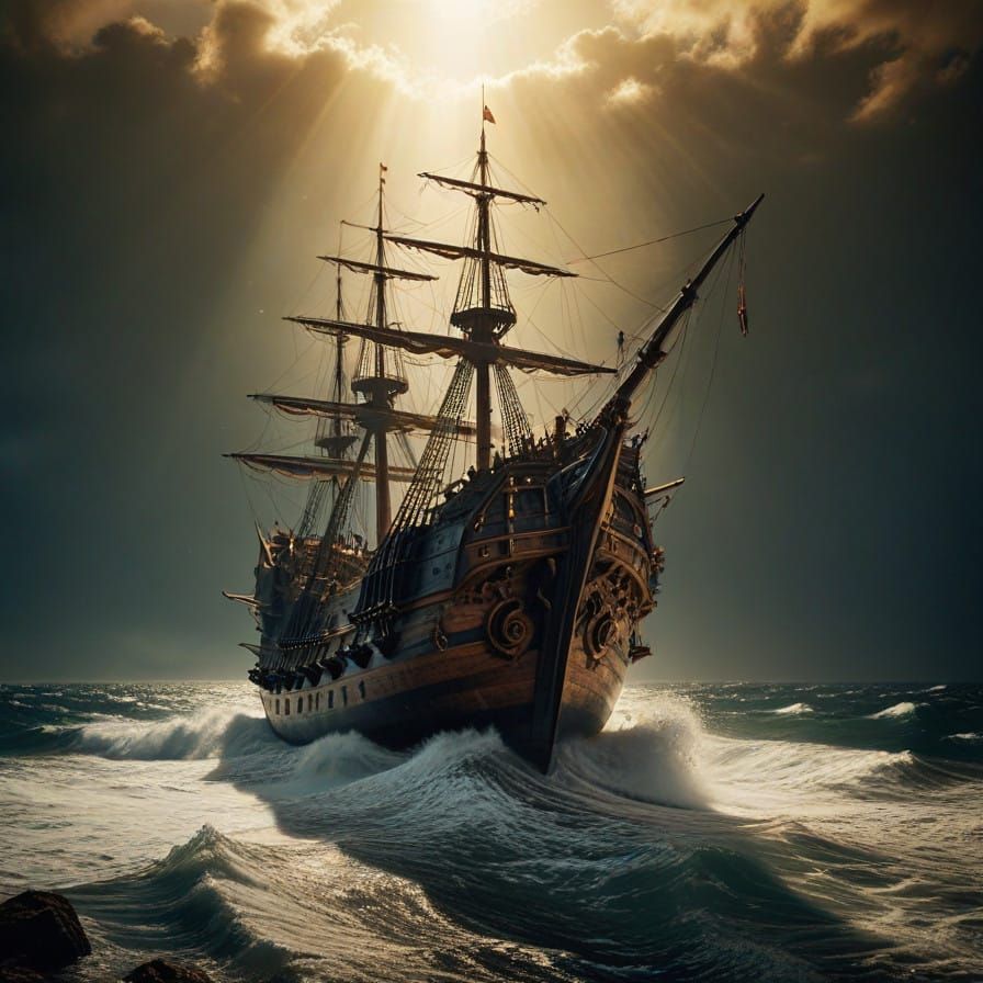 Dramatic Spanish Galleon Wreckage in Golden Light, Cinematic...