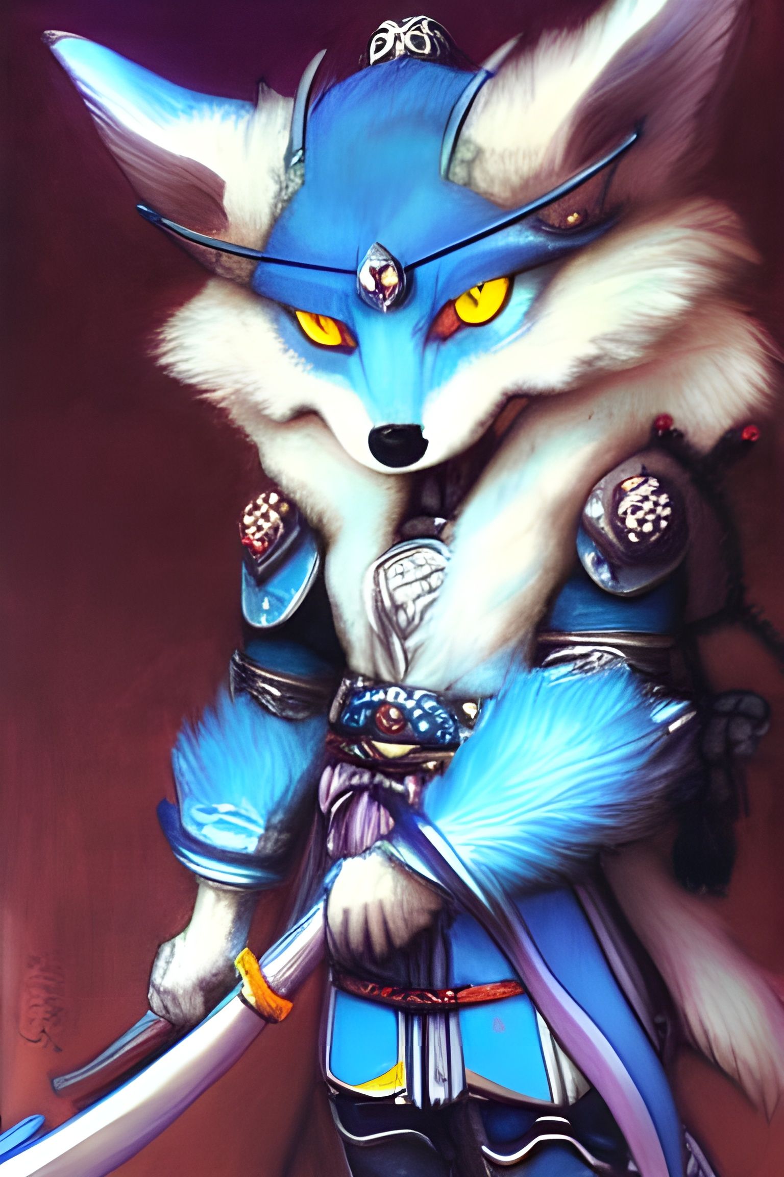 Don't mess with me. - Detailed Portrait of a cute possessive evil kitsune warrior with fluffy white fur and big glowing ...