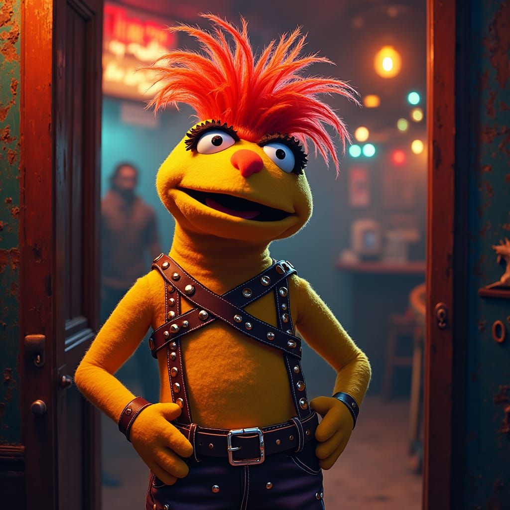 Muppet Icon in Leather Attire at a Vibrant Gay Bar