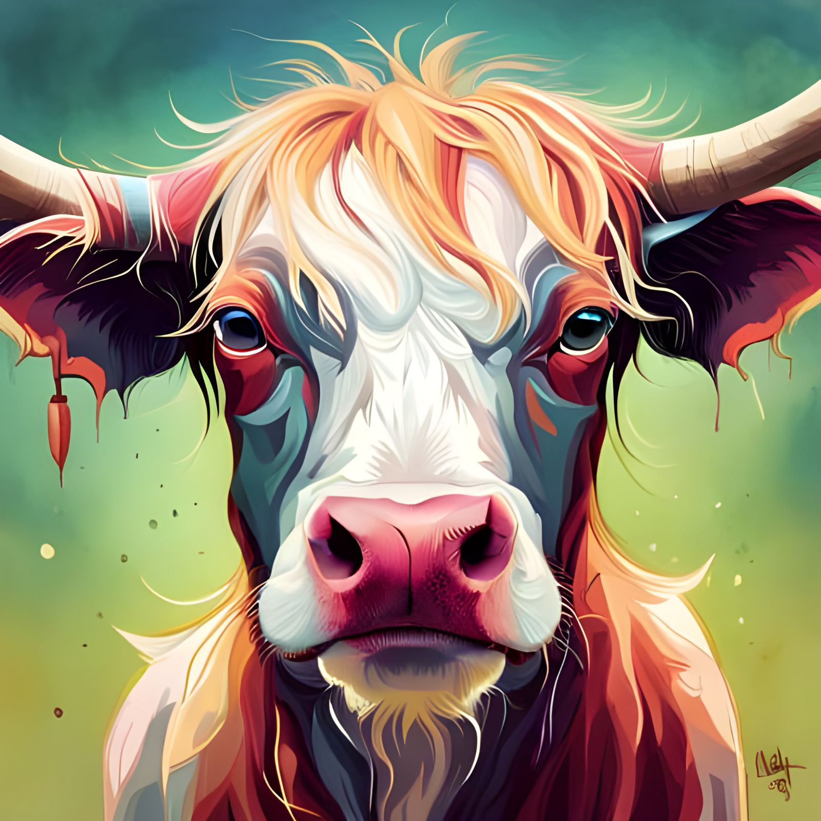 Sad Cow Portrait in Mixed Media Style