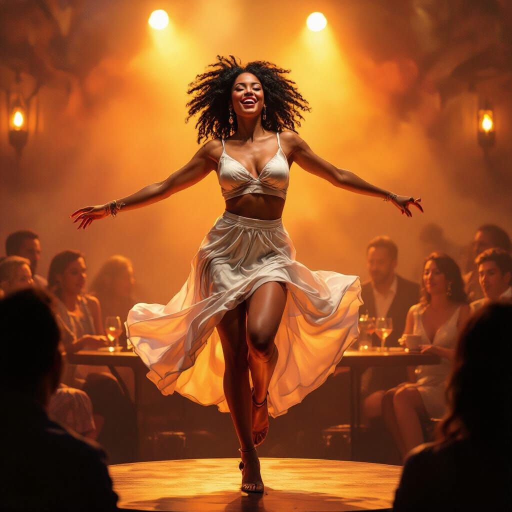 Joyful Woman Expressive Dance on Tabletop in Warm Light