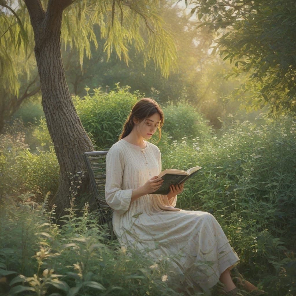 Lush Bush Reading Woman in Impressionist Style