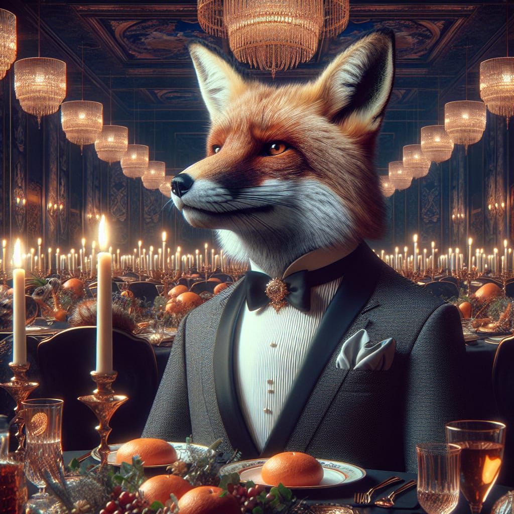 Fox in Tuxedo at Dinner Party, Conceptual Fantasy Art