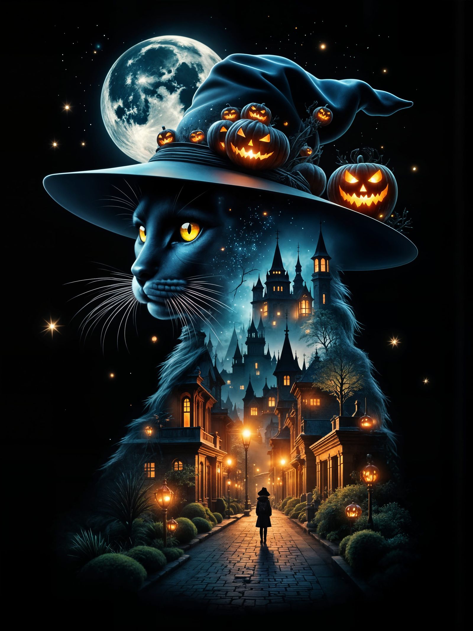 Black Cat Silhouette Double Exposure Halloween Art